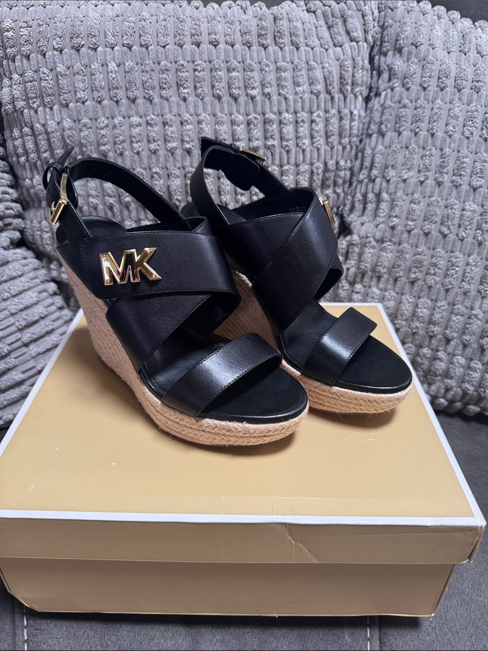 Michael Kors Black Leather Espadrille Wedges with Gold MK Charm